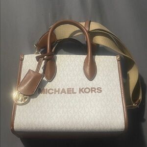 Michael Kors White & Brown Logo Satchel with Gold Accent